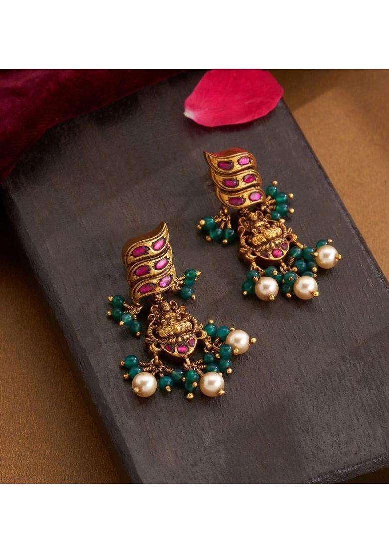 Gold-Plated Contemporary Drop Earrings with Kundan for Women | Traditional Temple Jewellery for Wedding & Festive Wear | Gift for Her - Indya