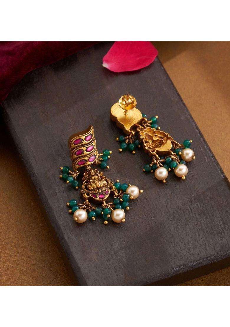 Gold-Plated Contemporary Drop Earrings with Kundan for Women | Traditional Temple Jewellery for Wedding & Festive Wear | Gift for Her - Indya