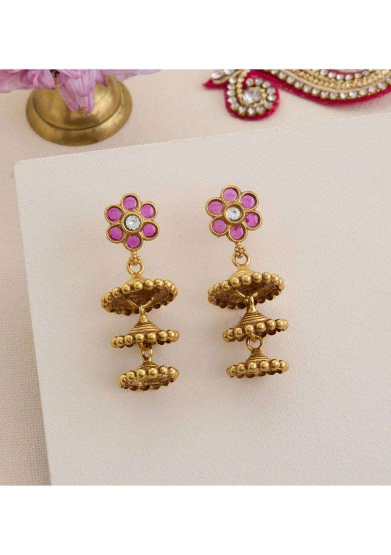 Gold-Plated Floral Drop Earrings with Kundan for Women | Traditional Temple Jewellery for Wedding & Festive Wear | Gift for Her - Indya