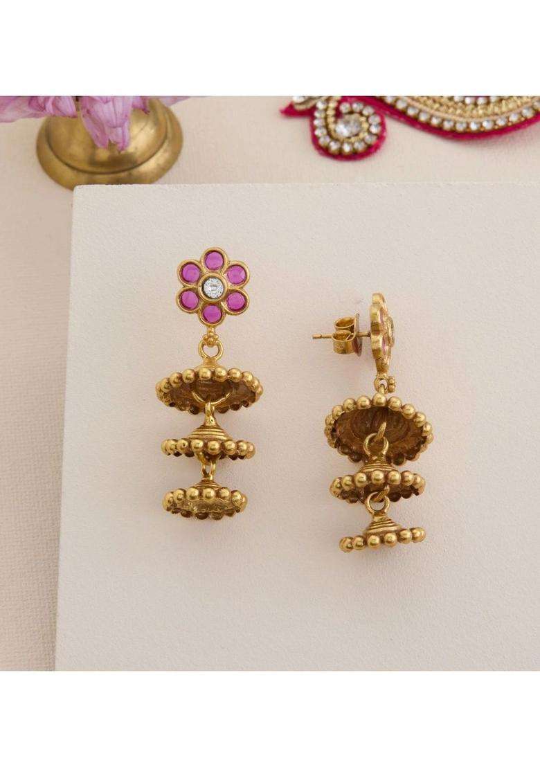 Gold-Plated Floral Drop Earrings with Kundan for Women | Traditional Temple Jewellery for Wedding & Festive Wear | Gift for Her - Indya