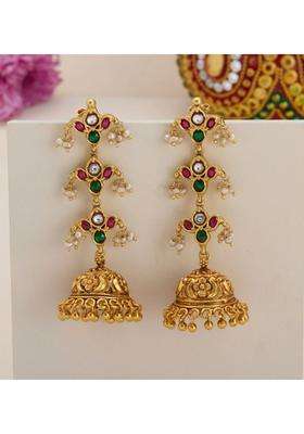 Gold-Plated Floral Jhumkas Earrings with Kundan for Women | Traditional Temple Jewellery for Wedding & Festive Wear | Gift for Her