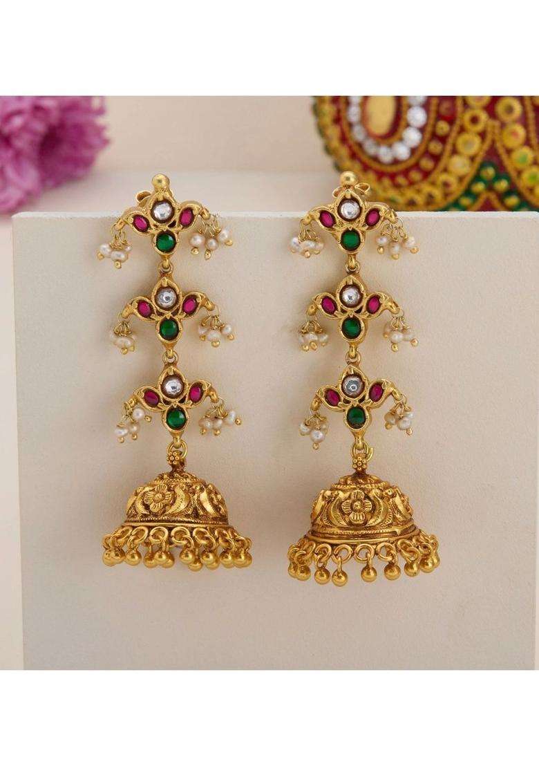 Gold-Plated Floral Jhumkas Earrings with Kundan for Women | Traditional Temple Jewellery for Wedding & Festive Wear | Gift for Her - Indya