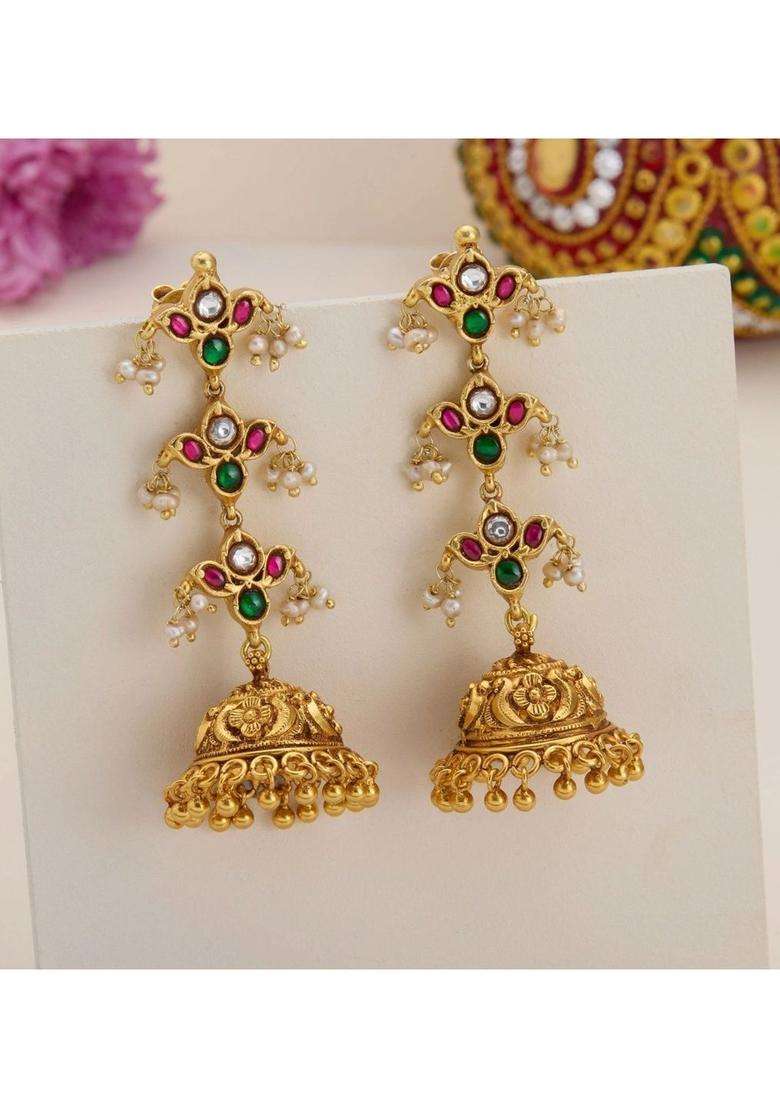 Gold-Plated Floral Jhumkas Earrings with Kundan for Women | Traditional Temple Jewellery for Wedding & Festive Wear | Gift for Her - Indya
