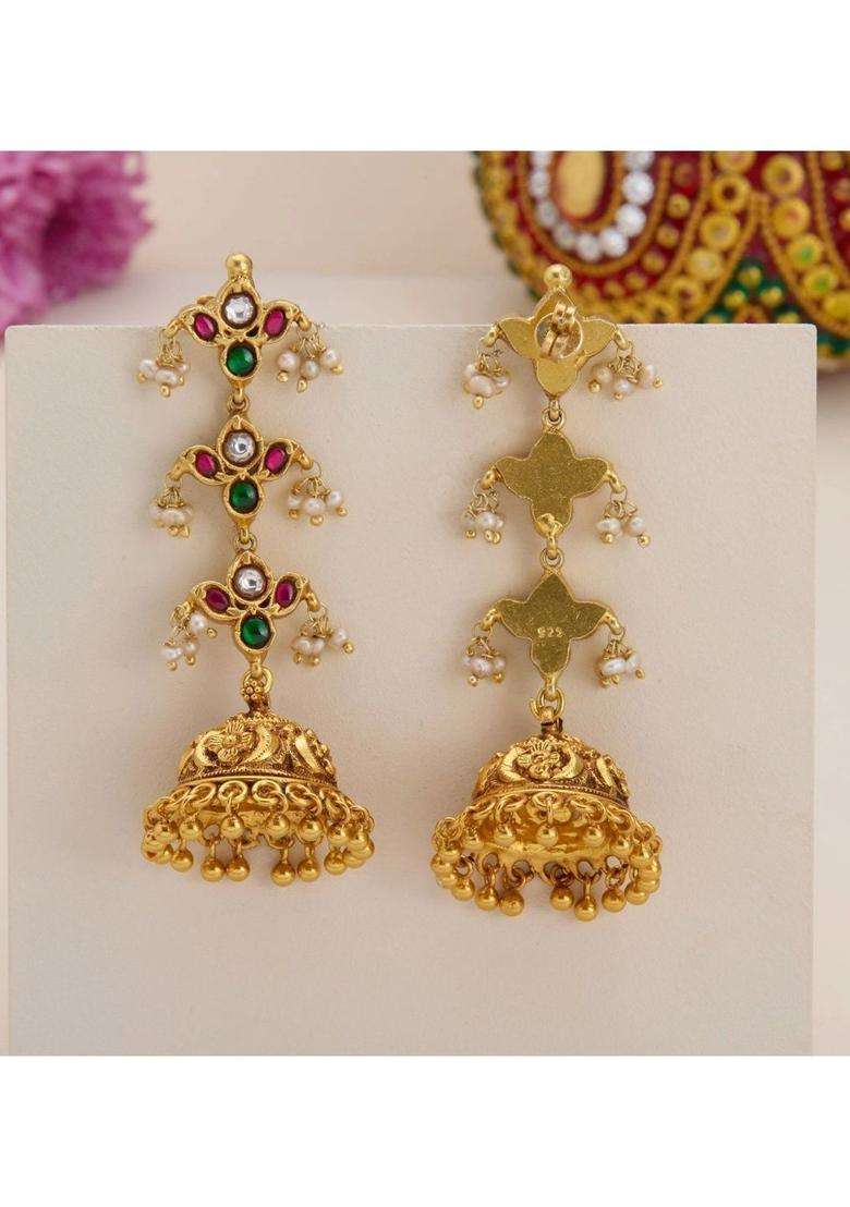 Gold-Plated Floral Jhumkas Earrings with Kundan for Women | Traditional Temple Jewellery for Wedding & Festive Wear | Gift for Her - Indya