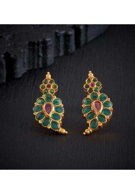 Gold-Plated Paisley Shaped Studs Earrings with Ruby Stone for Women | Traditional Temple Jewellery for Wedding & Festive Wear | Gift for Her