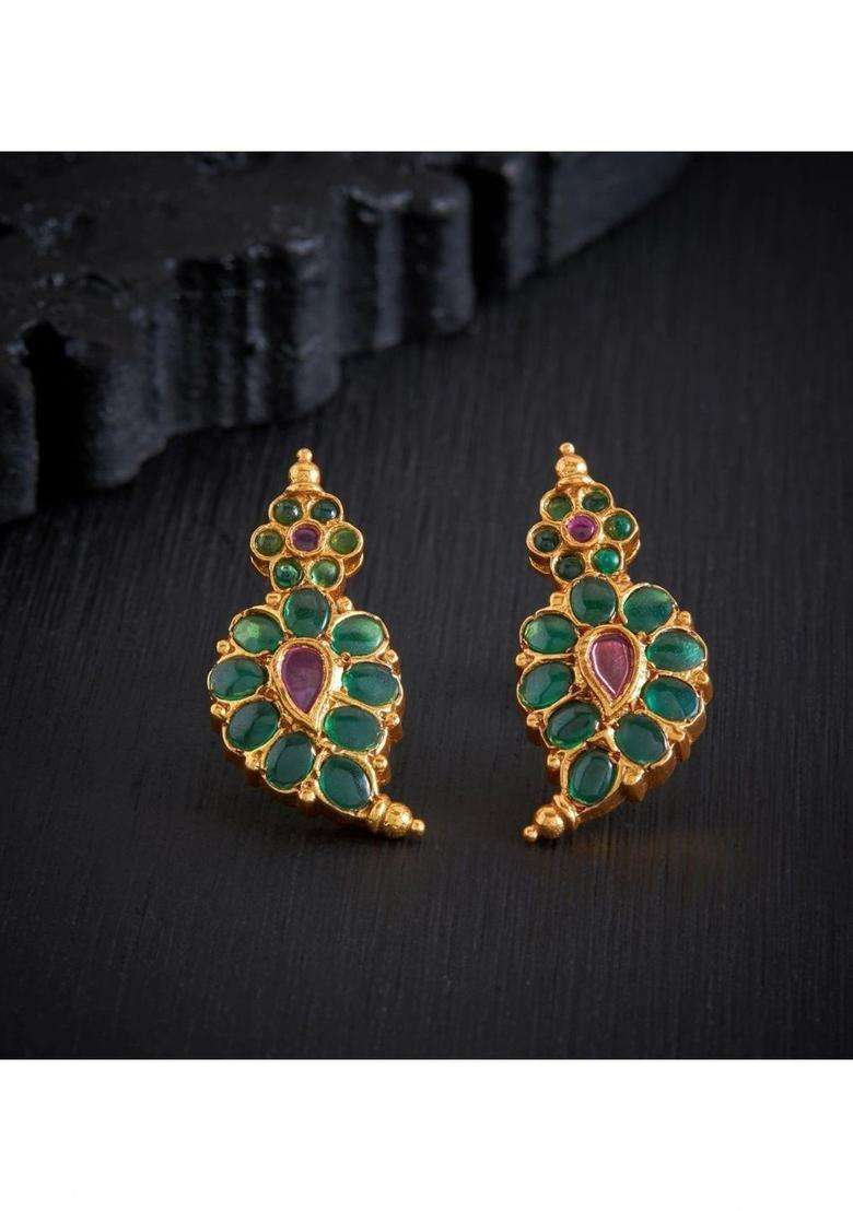 Gold-Plated Paisley Shaped Studs Earrings with Ruby Stone for Women | Traditional Temple Jewellery for Wedding & Festive Wear | Gift for Her - Indya
