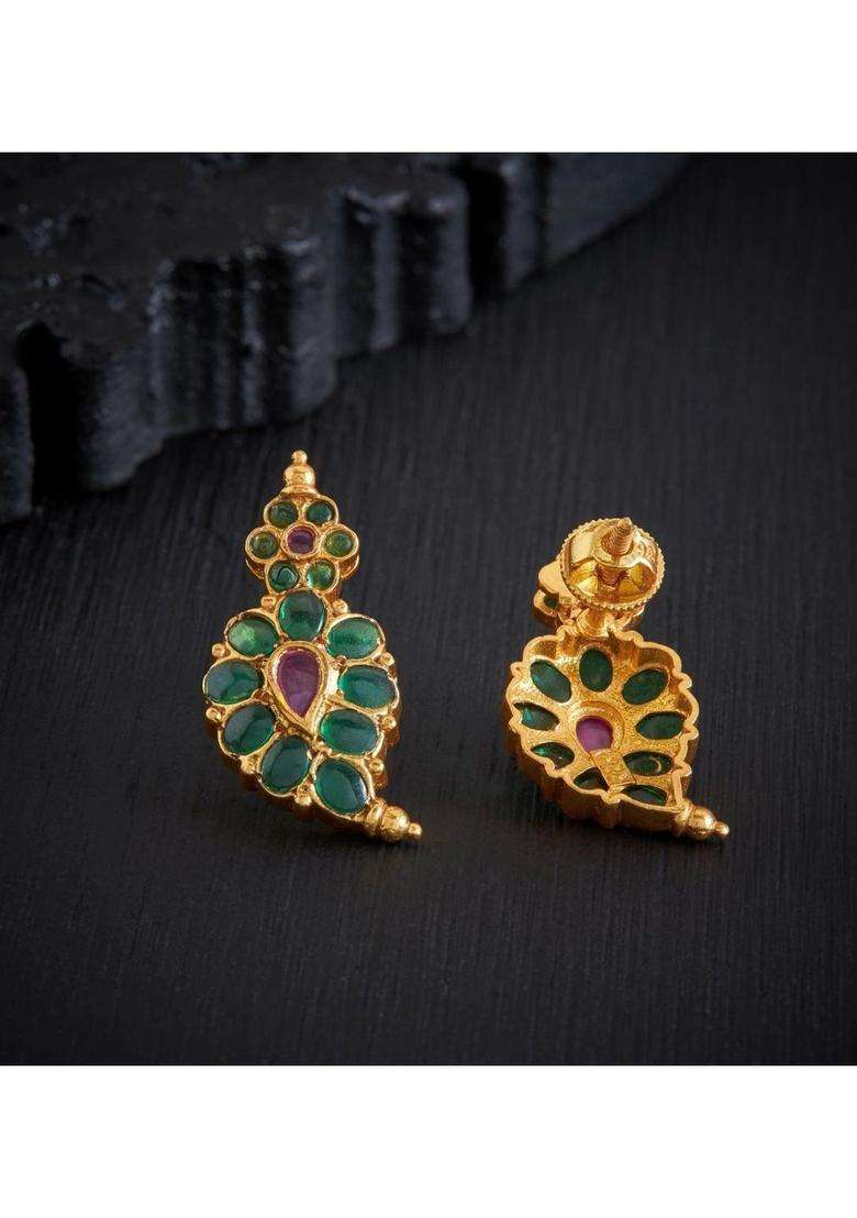 Gold-Plated Paisley Shaped Studs Earrings with Ruby Stone for Women | Traditional Temple Jewellery for Wedding & Festive Wear | Gift for Her - Indya
