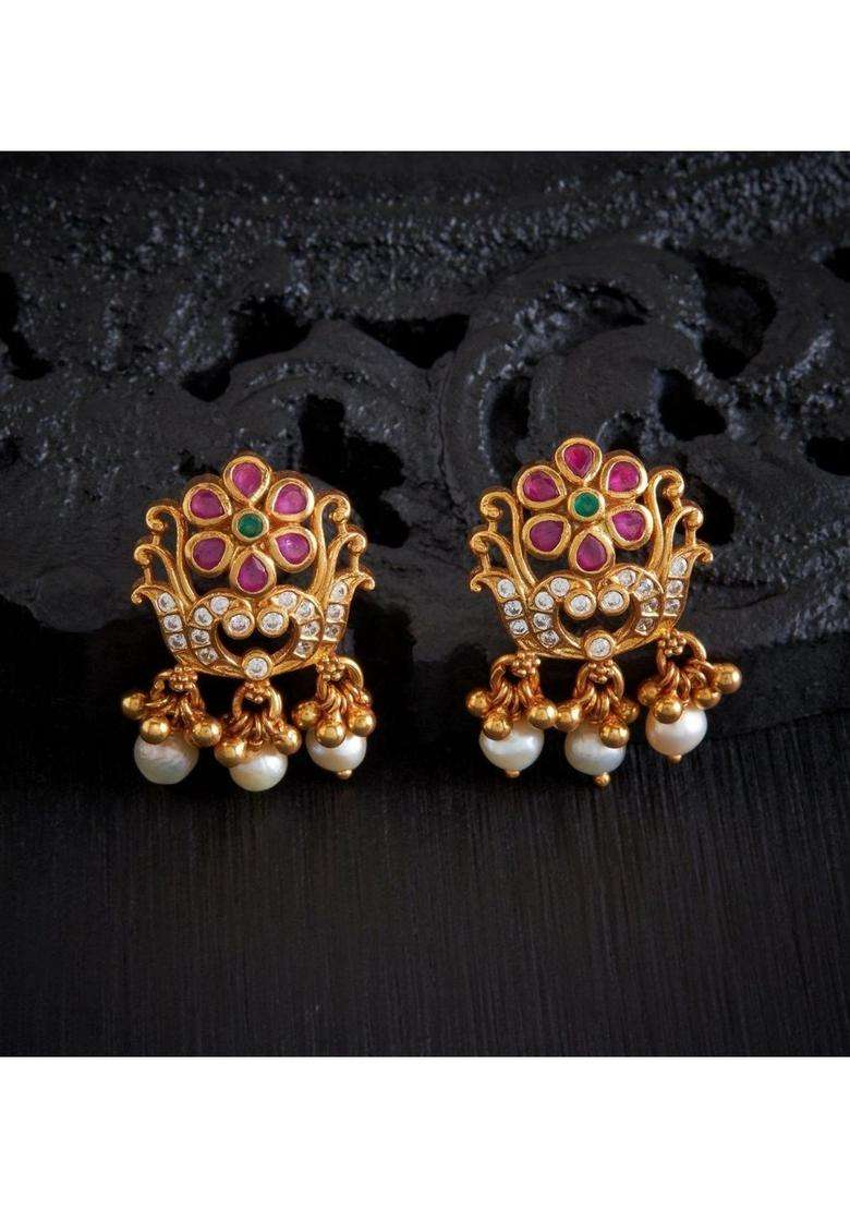 Gold-Plated Floral Drop Earrings with Pearl for Women | Traditional Temple Jewellery for Wedding & Festive Wear | Gift for Her - Indya