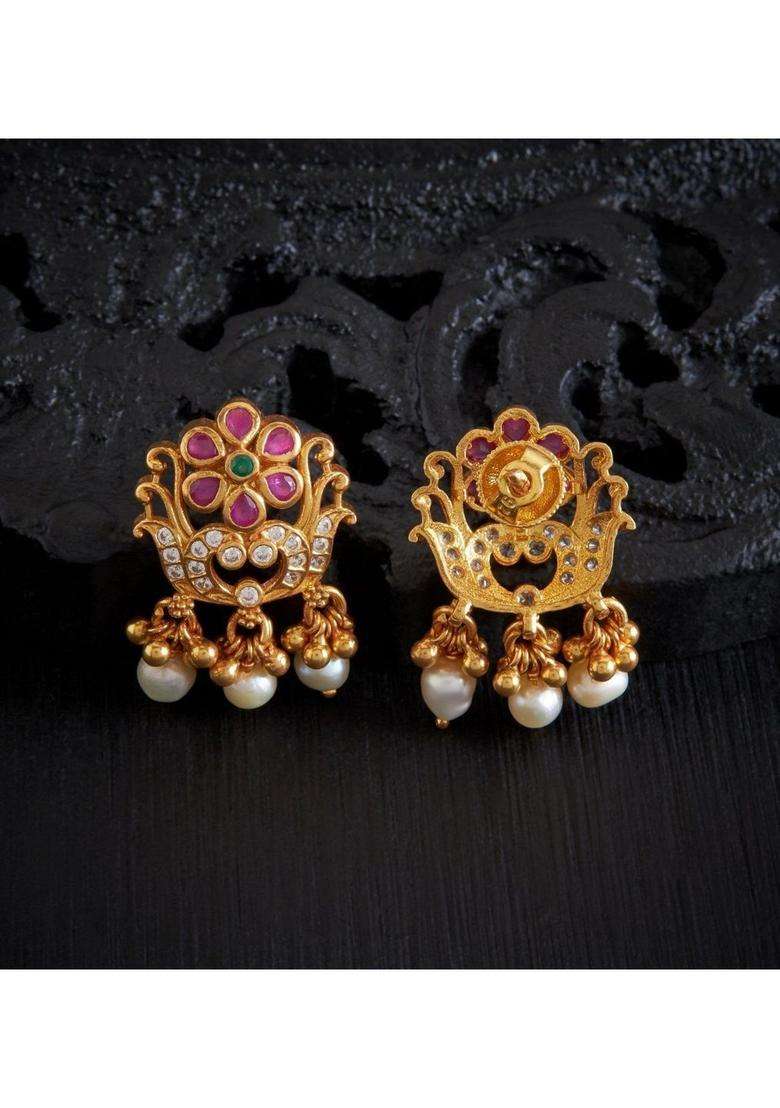 Gold-Plated Floral Drop Earrings with Pearl for Women | Traditional Temple Jewellery for Wedding & Festive Wear | Gift for Her - Indya