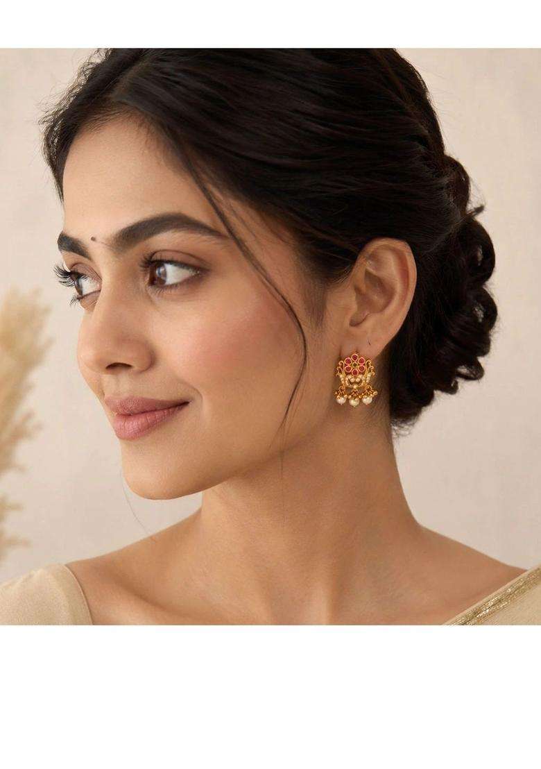 Gold-Plated Floral Drop Earrings with Pearl for Women | Traditional Temple Jewellery for Wedding & Festive Wear | Gift for Her - Indya