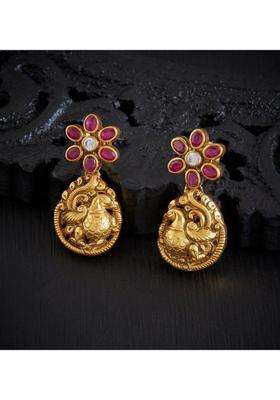 Gold-Plated Floral Drop Earrings with Ruby Stone for Women | Traditional Temple Jewellery for Wedding & Festive Wear | Gift for Her