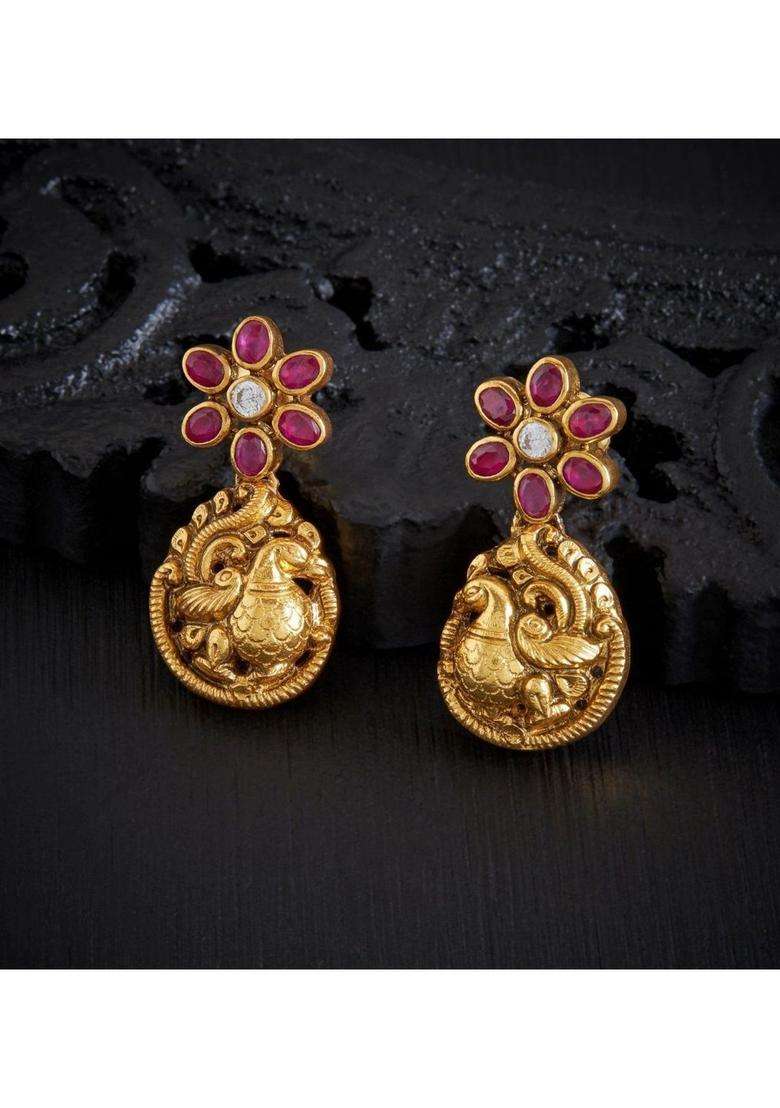Gold-Plated Floral Drop Earrings with Ruby Stone for Women | Traditional Temple Jewellery for Wedding & Festive Wear | Gift for Her - Indya