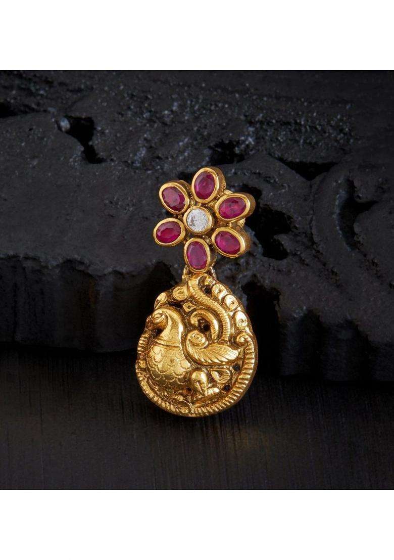 Gold-Plated Floral Drop Earrings with Ruby Stone for Women | Traditional Temple Jewellery for Wedding & Festive Wear | Gift for Her - Indya