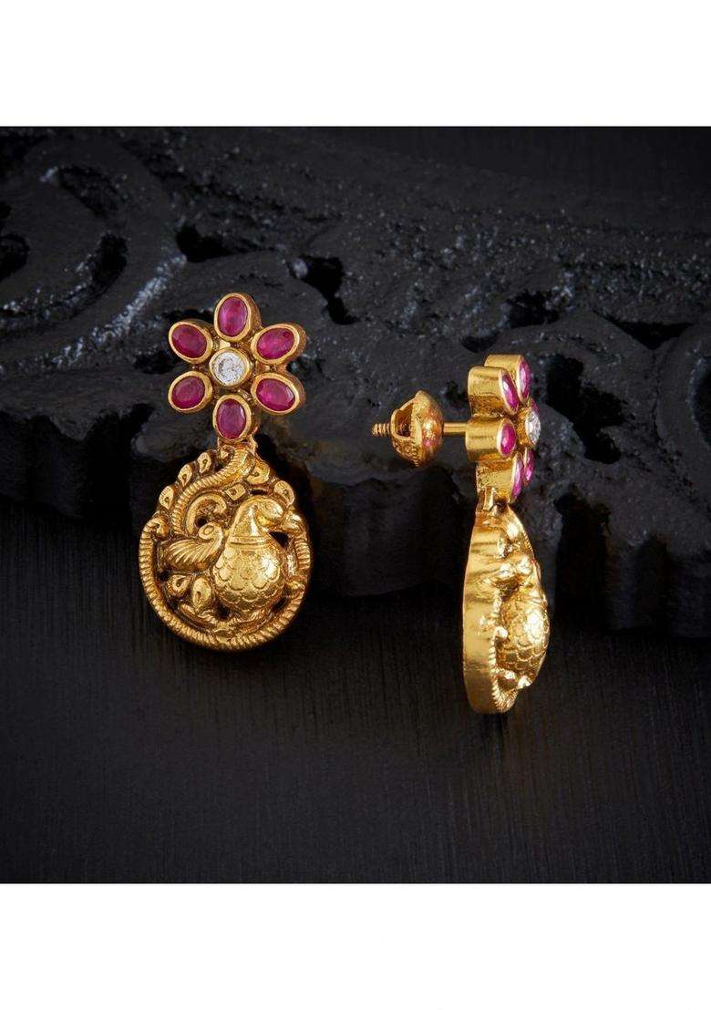Gold-Plated Floral Drop Earrings with Ruby Stone for Women | Traditional Temple Jewellery for Wedding & Festive Wear | Gift for Her - Indya
