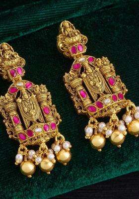 Gold-Plated Rasa Silver Jewels Geometric Drop Earrings with Kundan for Women | Traditional Temple Jewellery for Wedding & Festive Wear | Gift for Her