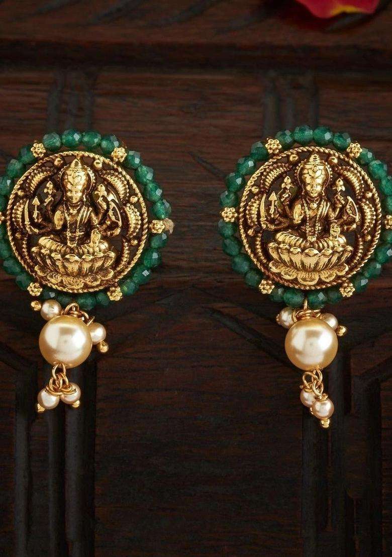 Gold-Plated Circular Drop Earrings with Pearl for Women | Traditional Temple Jewellery for Wedding & Festive Wear | Gift for Her - Indya