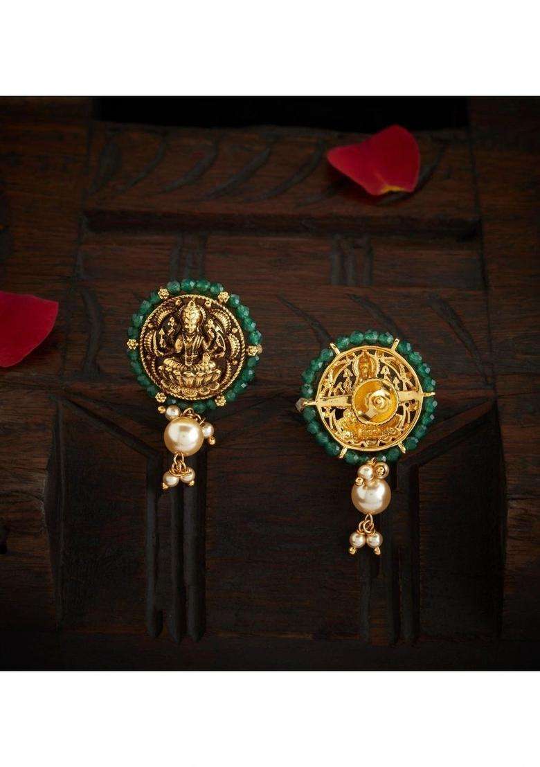 Gold-Plated Circular Drop Earrings with Pearl for Women | Traditional Temple Jewellery for Wedding & Festive Wear | Gift for Her - Indya