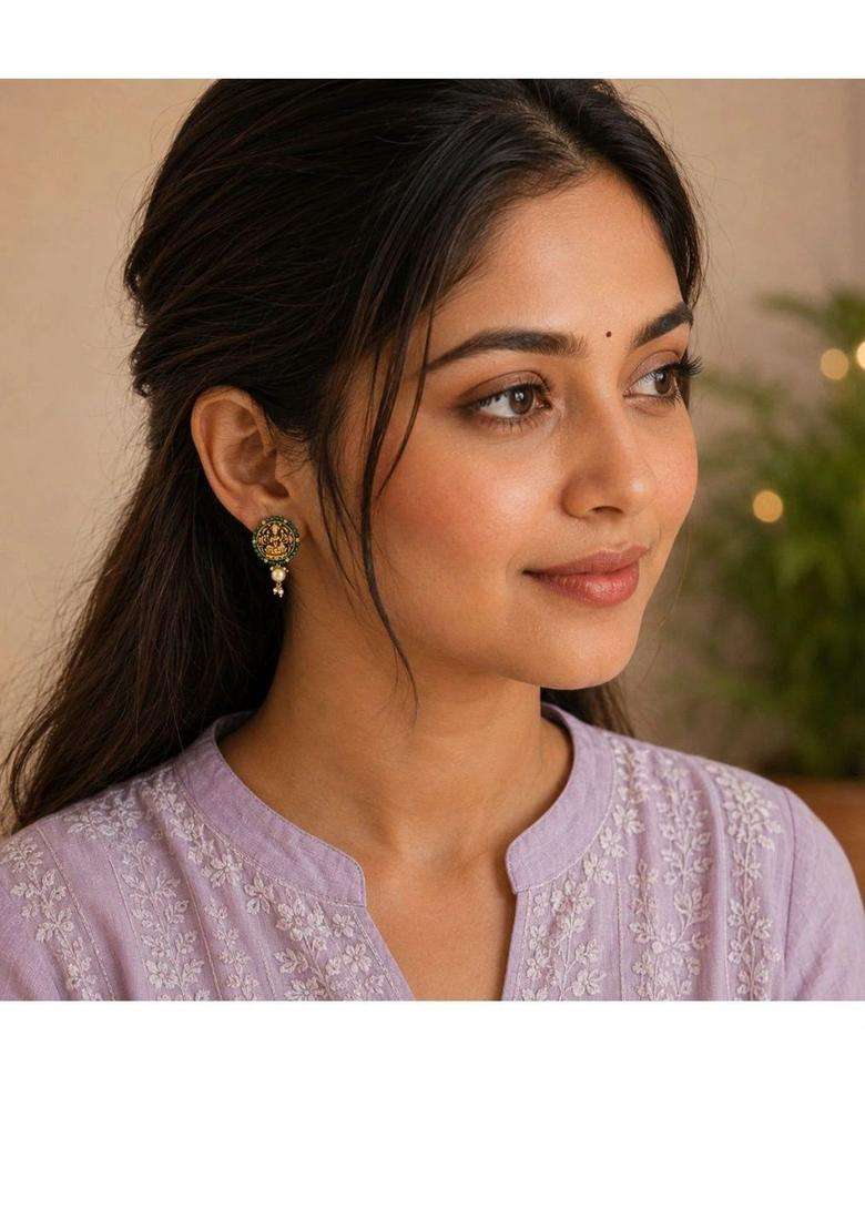 Gold-Plated Circular Drop Earrings with Pearl for Women | Traditional Temple Jewellery for Wedding & Festive Wear | Gift for Her - Indya