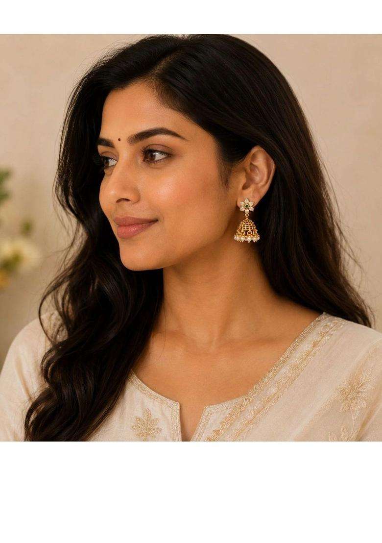 Gold-Plated Floral Jhumkas Earrings with Pearl for Women | Traditional Temple Jewellery for Wedding & Festive Wear | Gift for Her - Indya