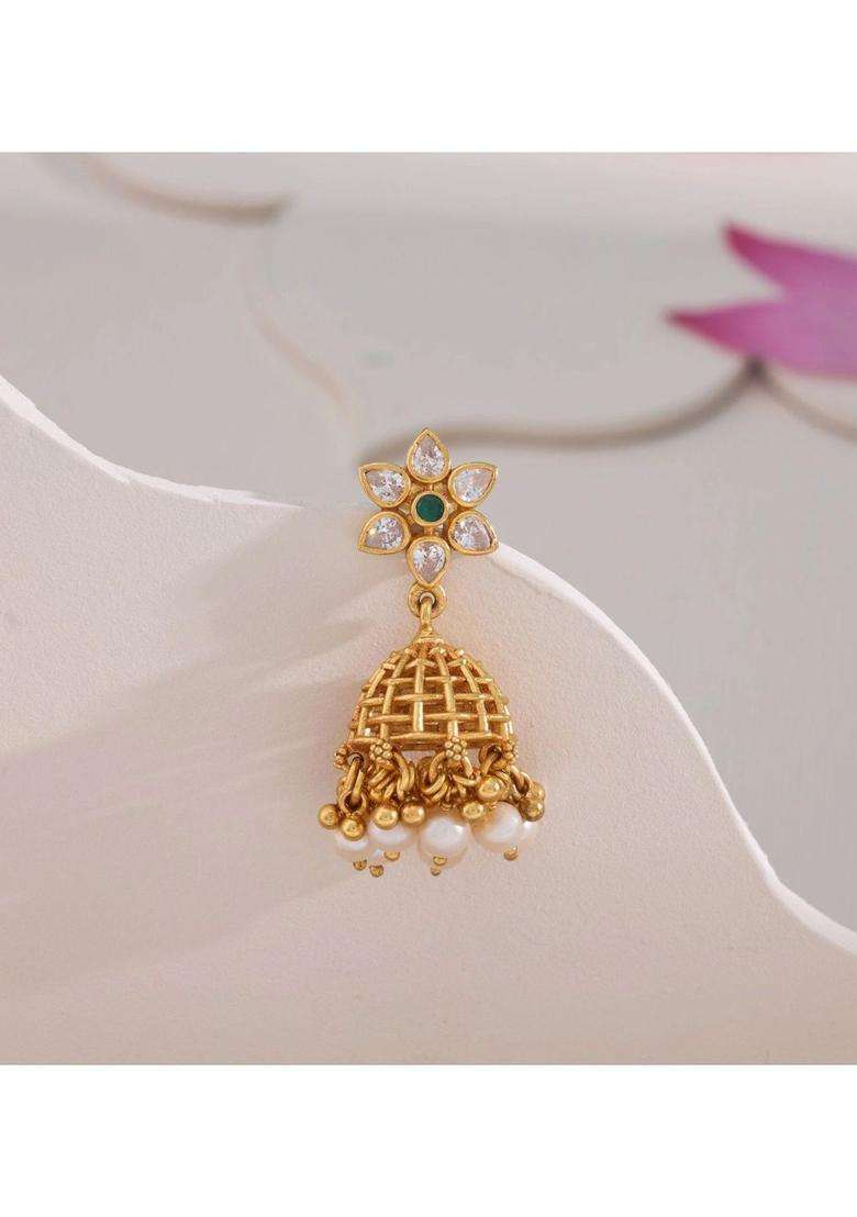 Gold-Plated Floral Jhumkas Earrings with Pearl for Women | Traditional Temple Jewellery for Wedding & Festive Wear | Gift for Her - Indya