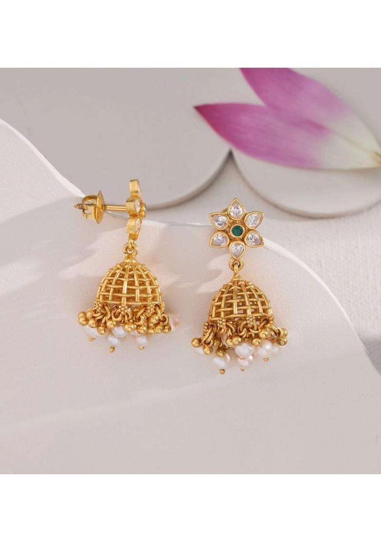 Gold-Plated Floral Jhumkas Earrings with Pearl for Women | Traditional Temple Jewellery for Wedding & Festive Wear | Gift for Her - Indya