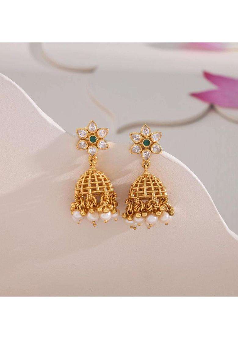 Gold-Plated Floral Jhumkas Earrings with Pearl for Women | Traditional Temple Jewellery for Wedding & Festive Wear | Gift for Her - Indya