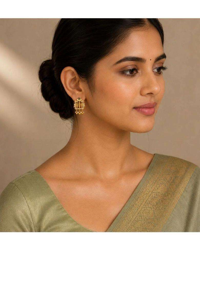 Gold-Plated Geometric Studs Earrings with Pearl for Women | Traditional Temple Jewellery for Wedding & Festive Wear | Gift for Her - Indya