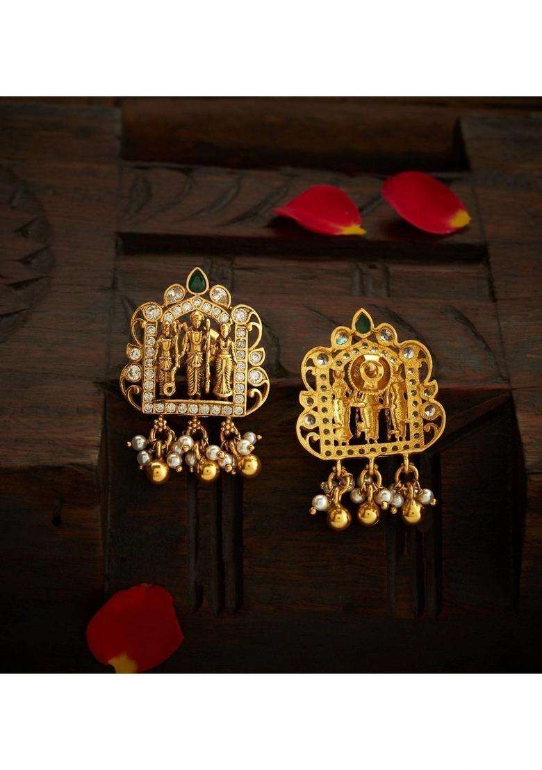 Gold-Plated Geometric Studs Earrings with Pearl for Women | Traditional Temple Jewellery for Wedding & Festive Wear | Gift for Her - Indya