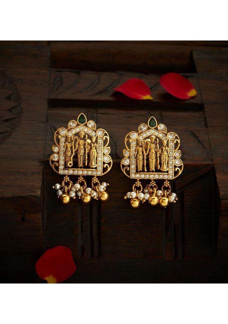 Gold-Plated Geometric Studs Earrings with Pearl for Women | Traditional Temple Jewellery for Wedding & Festive Wear | Gift for Her - Indya