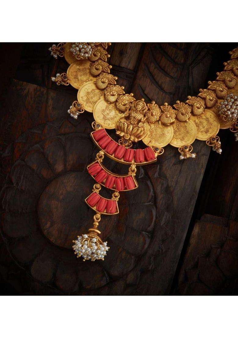 Sterling Silver Gold-Plated Temple Necklace with Pearl for Women | Traditional Temple Jewellery for Wedding & Festive Wear | Gift for Her - Indya