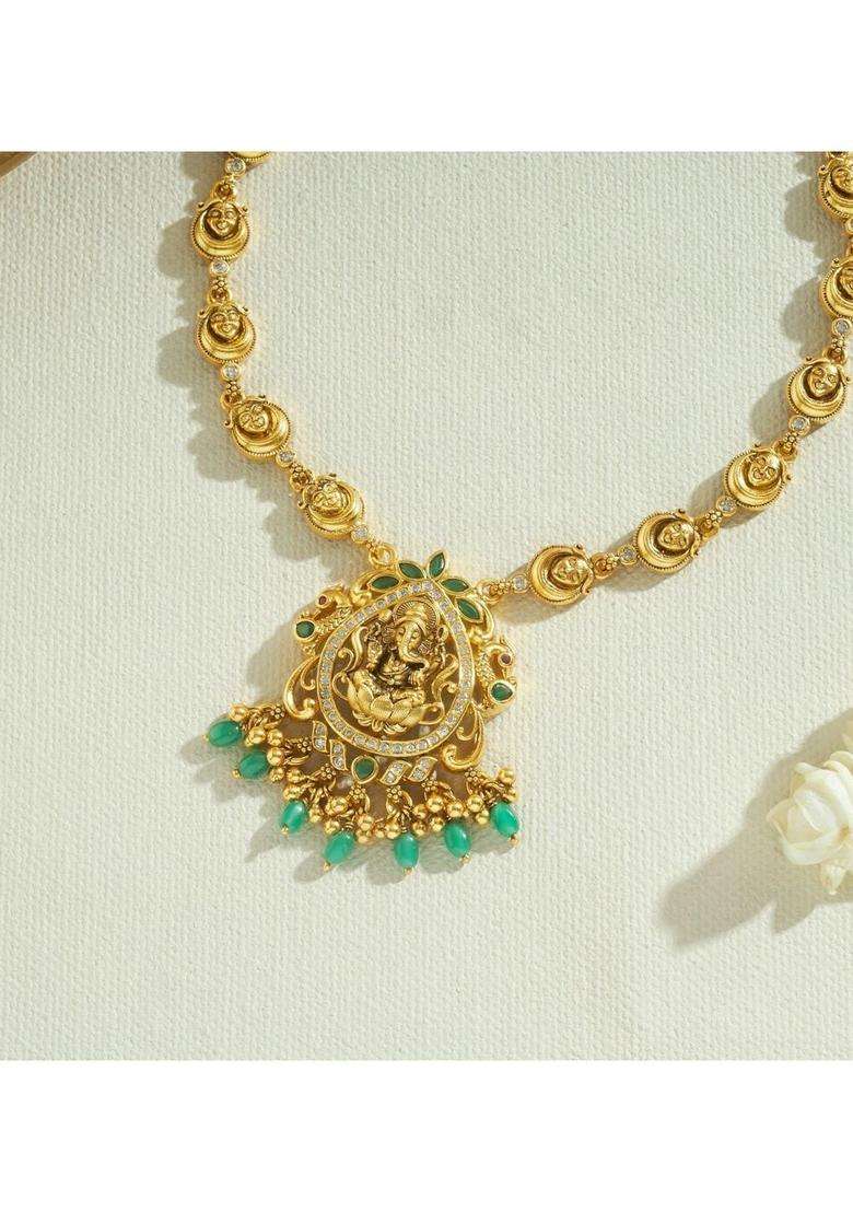 Sterling Silver Gold-Plated Temple Necklace with Pearl for Women | Traditional Temple Jewellery for Wedding & Festive Wear | Gift for Her - Indya