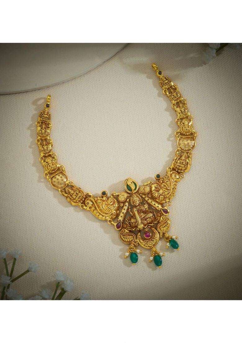Sterling Silver Gold-Plated Temple Necklace with Pearl for Women | Traditional Temple Jewellery for Wedding & Festive Wear | Gift for Her - Indya