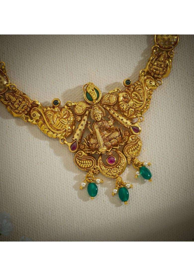 Sterling Silver Gold-Plated Temple Necklace with Pearl for Women | Traditional Temple Jewellery for Wedding & Festive Wear | Gift for Her - Indya