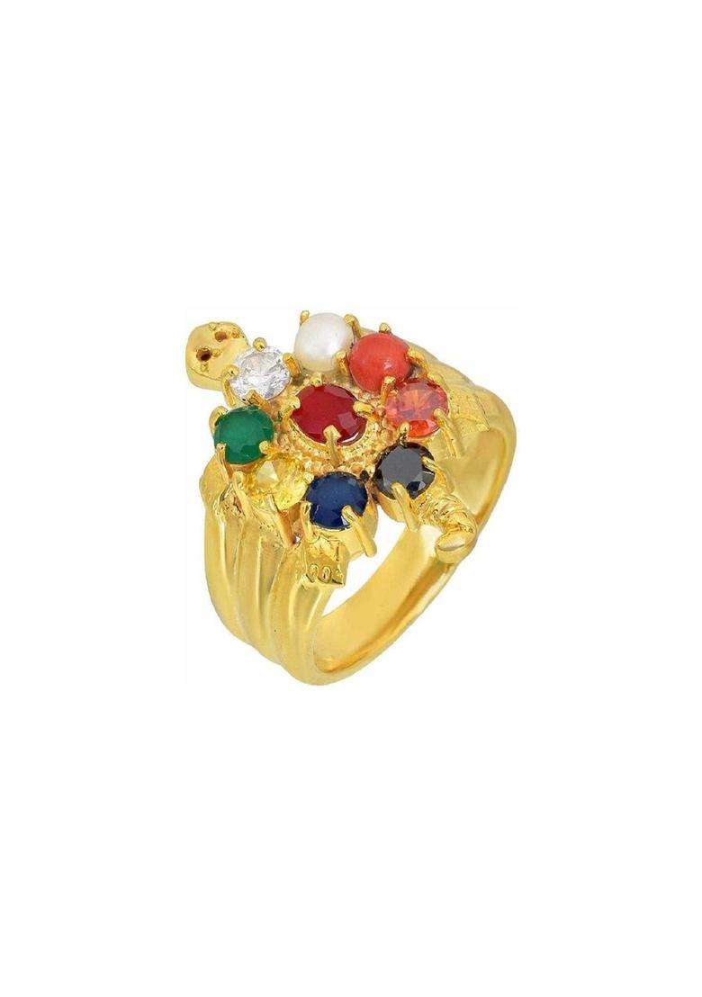 Gold-Plated Multicolour Stone Finger Ring with Pearl for Men & Women | Stylish Party & Everyday Wear | Festive Gift - Indya