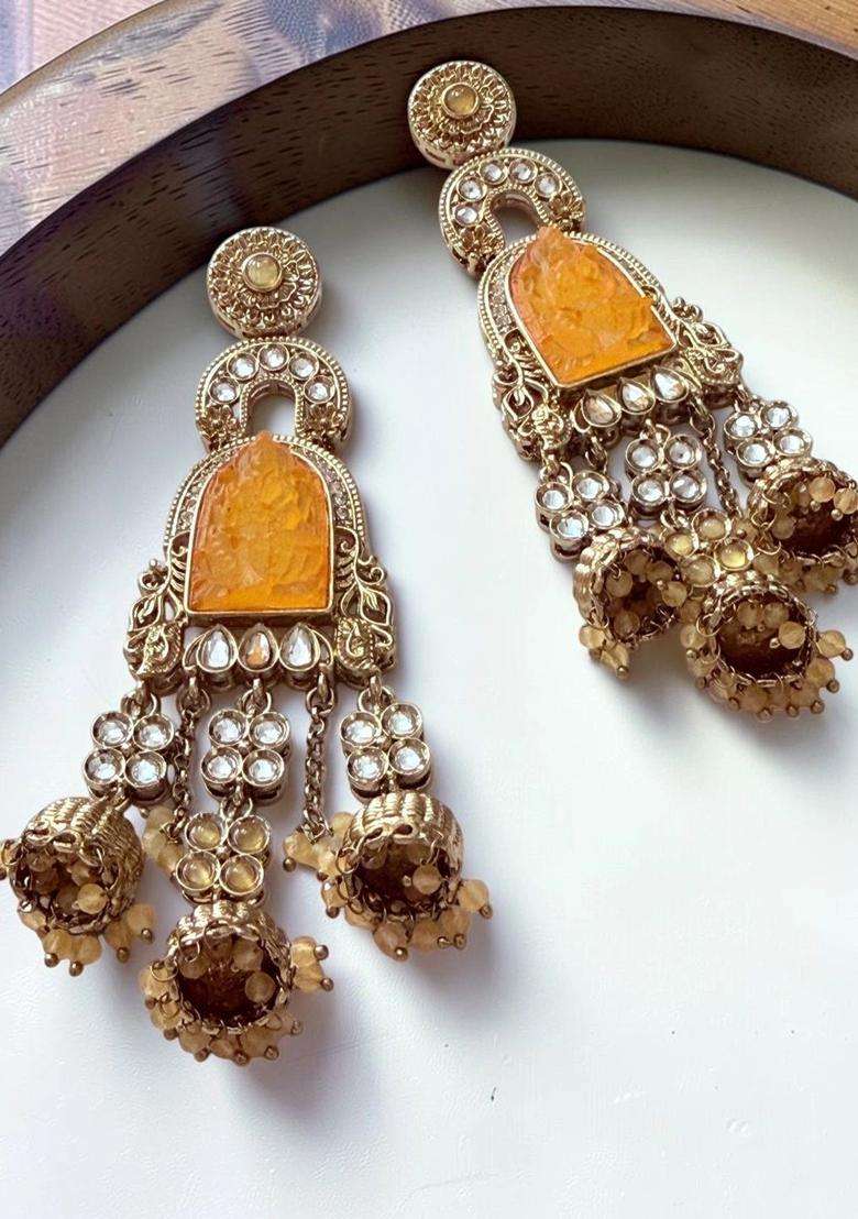 Gold-Plated Geometric Jhumkas Earrings for Women | Traditional Temple Jewellery for Wedding & Festive Wear | Gift for Her - Indya