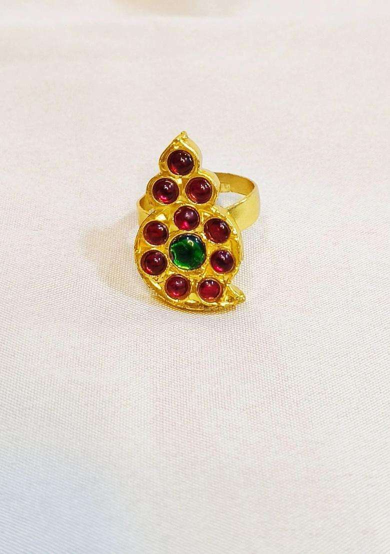 Gold-Plated Temple Stone Studded & Beaded Finger Ring for Women | Traditional Temple Jewellery for Wedding & Festive Wear | Gift for Her - Indya