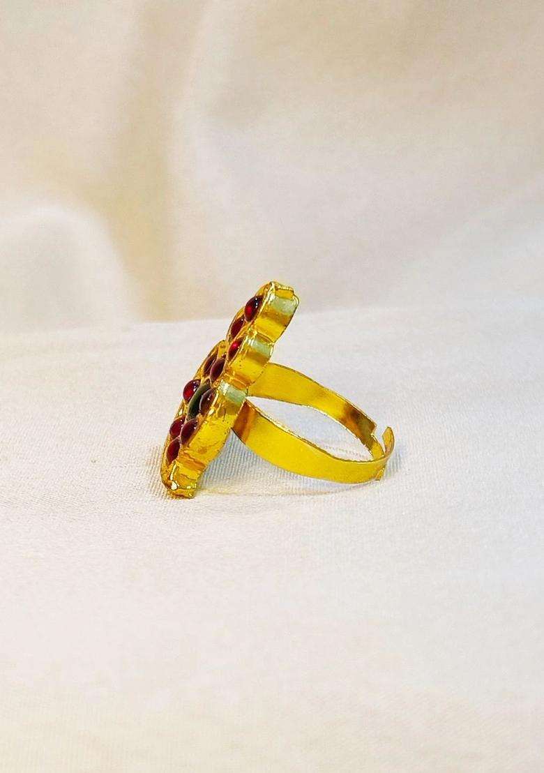 Gold-Plated Temple Stone Studded & Beaded Finger Ring for Women | Traditional Temple Jewellery for Wedding & Festive Wear | Gift for Her - Indya