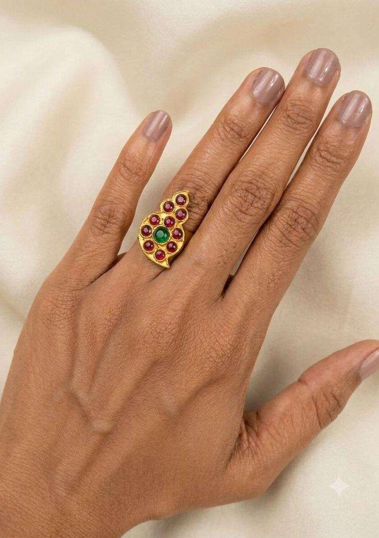 Gold-Plated Temple Stone Studded & Beaded Finger Ring for Women | Traditional Temple Jewellery for Wedding & Festive Wear | Gift for Her - Indya