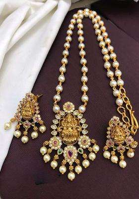 Gold-Plated Artificial Stones Studded and Pearls Beaded Temple Jewellery Set for Women | Traditional Temple Jewellery for Wedding & Festive Wear | Gift for Her