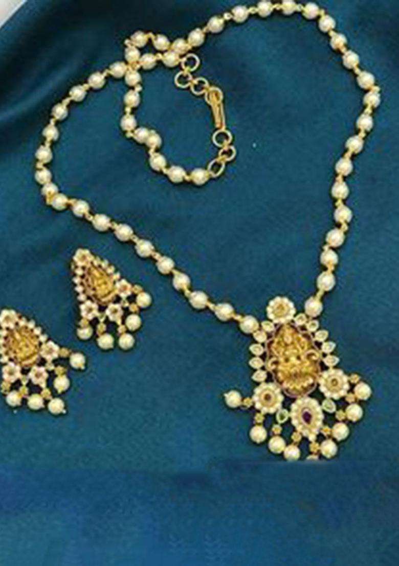 Gold-Plated Artificial Stones Studded and Pearls Beaded Temple Jewellery Set for Women | Traditional Temple Jewellery for Wedding & Festive Wear | Gift for Her - Indya