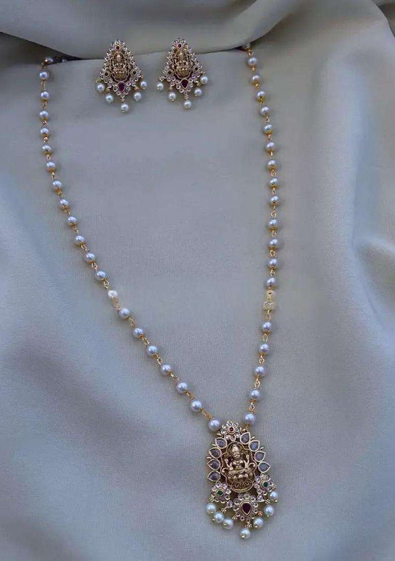 Gold-Plated Artificial Stones Studded and Pearls Beaded Temple Jewellery Set for Women | Traditional Temple Jewellery for Wedding & Festive Wear | Gift for Her - Indya