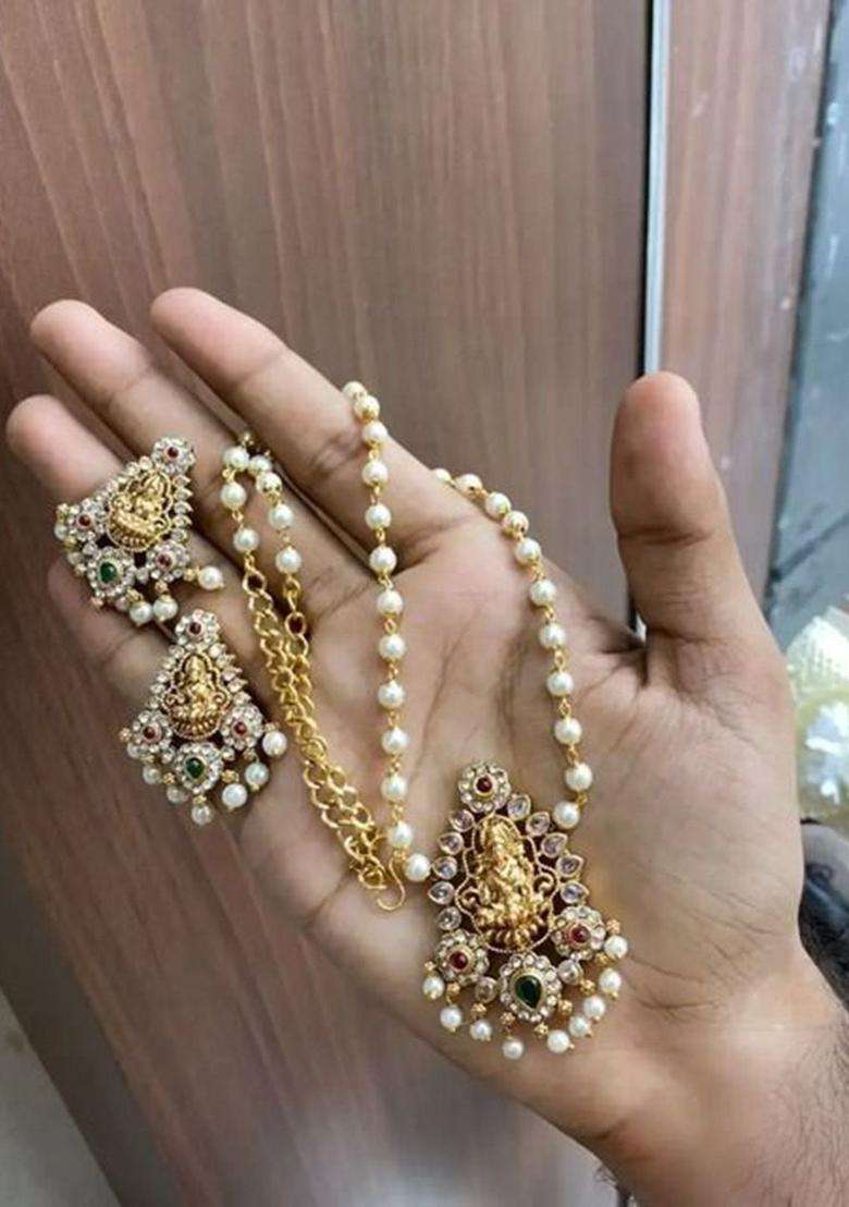 Gold-Plated Artificial Stones Studded and Pearls Beaded Temple Jewellery Set for Women | Traditional Temple Jewellery for Wedding & Festive Wear | Gift for Her - Indya