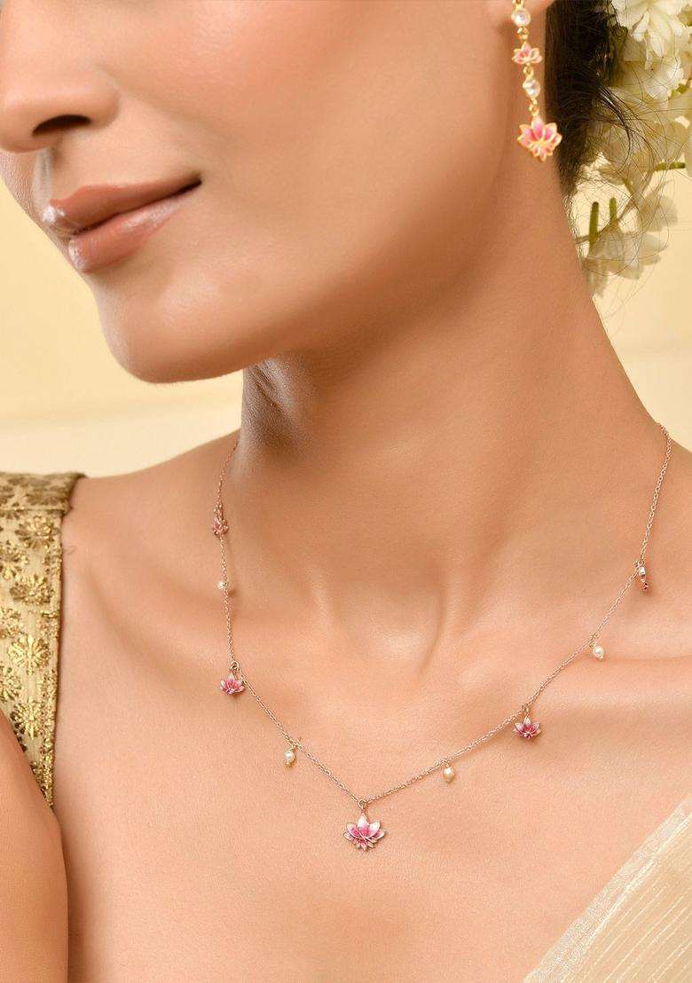 925 Sterling Silver Lotus Gold-Plated Pearl Necklace for Women | Traditional Temple Jewellery for Wedding & Festive Wear | Gift for Her - Indya