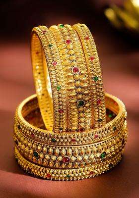 Set of 6 22K Gold-Plated Brass Red & Green Stones Temple Heritage Bangles for Women | Traditional Temple Jewellery for Wedding & Festive Wear | Gift for Her