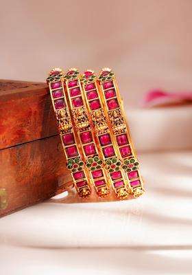 Set of 4 18K Gold-Plated Ruby Temple Motif Bangles for Women | Traditional Temple Jewellery for Wedding & Festive Wear | Gift for Her