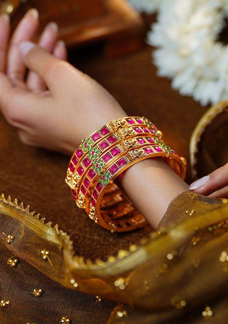 Set of 4 18K Gold-Plated Ruby Temple Motif Bangles for Women | Traditional Temple Jewellery for Wedding & Festive Wear | Gift for Her - Indya
