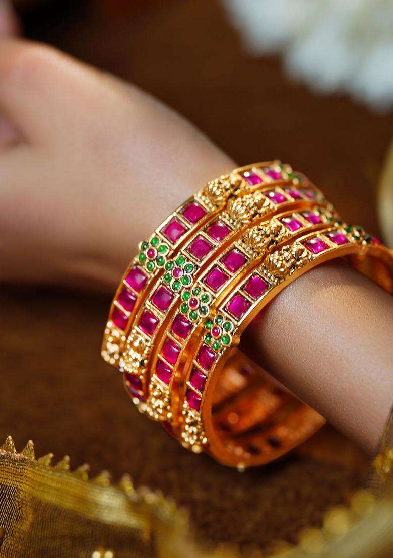 Set of 4 18K Gold-Plated Ruby Temple Motif Bangles for Women | Traditional Temple Jewellery for Wedding & Festive Wear | Gift for Her - Indya