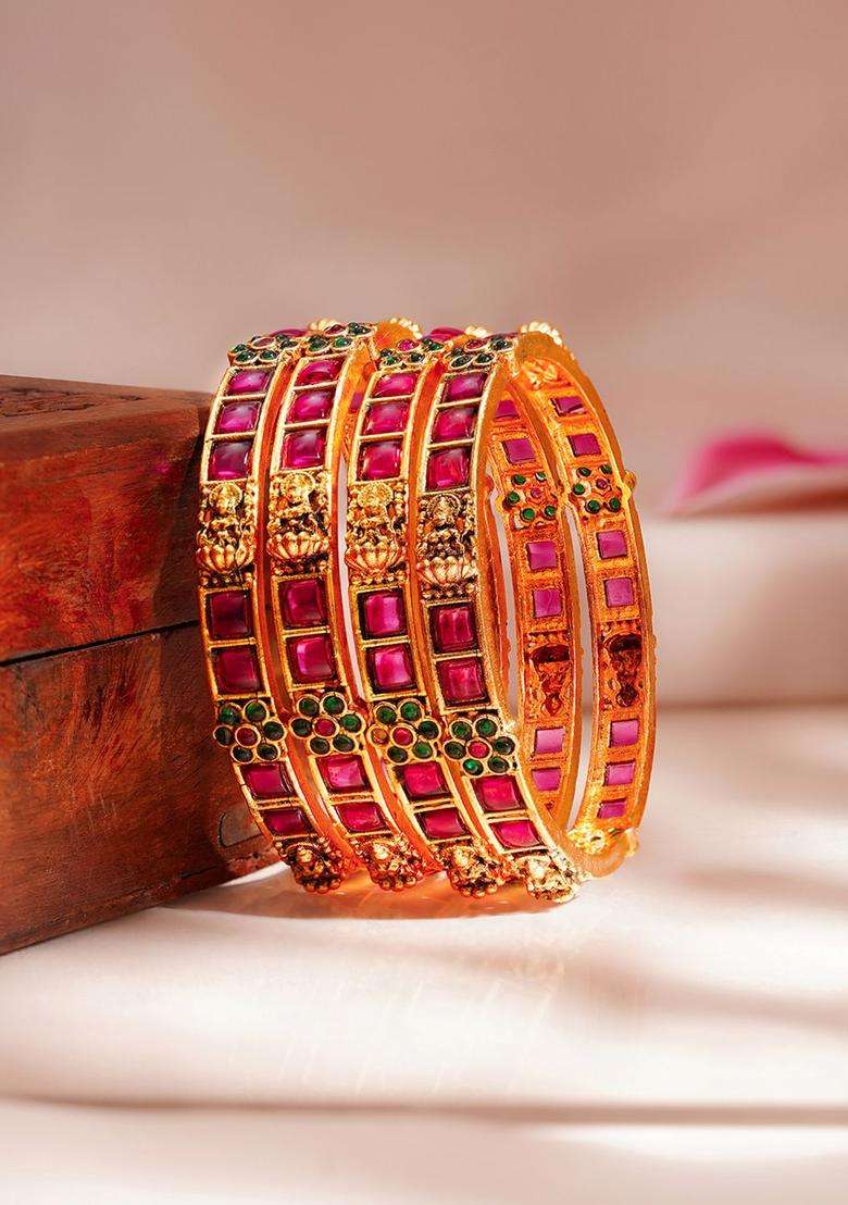 Set of 4 18K Gold-Plated Ruby Temple Motif Bangles for Women | Traditional Temple Jewellery for Wedding & Festive Wear | Gift for Her - Indya