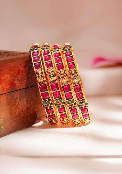 Set of 4 18K Gold-Plated Ruby Temple Motif Bangles for Women | Traditional Temple Jewellery for Wedding & Festive Wear | Gift for Her