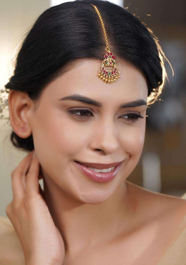 18K Gold-Plated Beaded Maang Tikka for Women | Traditional Temple Jewellery for Wedding & Festive Wear | Gift for Her - Indya